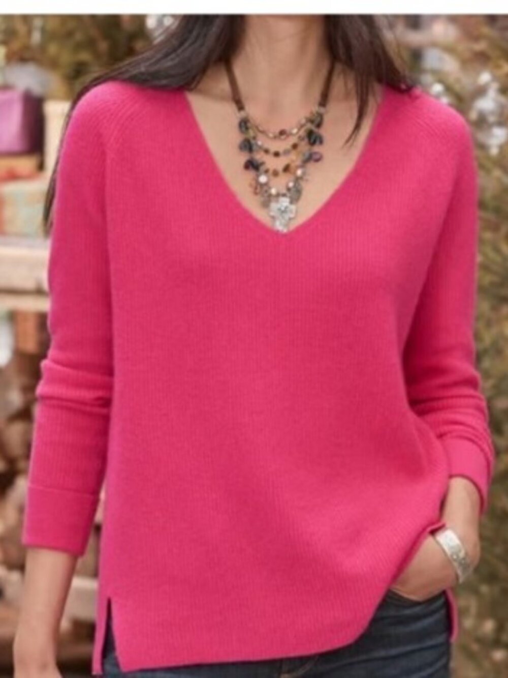 Sundance Rowan Cashmere Sweater Pink Ribbed V-Neck L